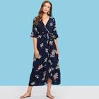 Shein Plunging Neck Self Belted Floral Maxi Dress