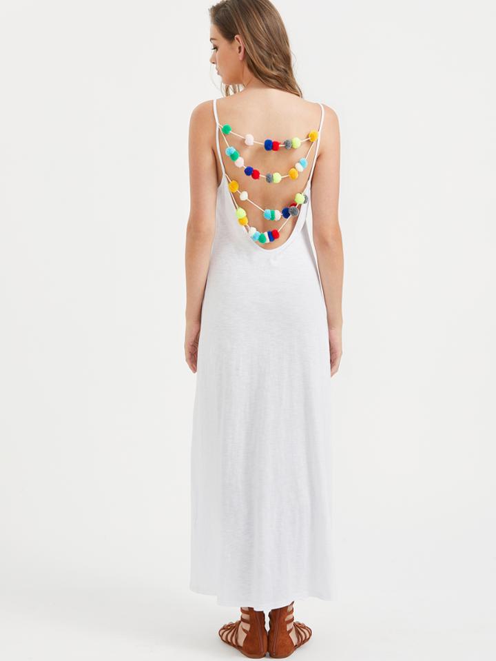 Shein White Layered Pom Pom Scoop Back Cami Dress