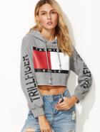 Shein Heather Grey Graphic Print Raw Hem Crop Hoodie
