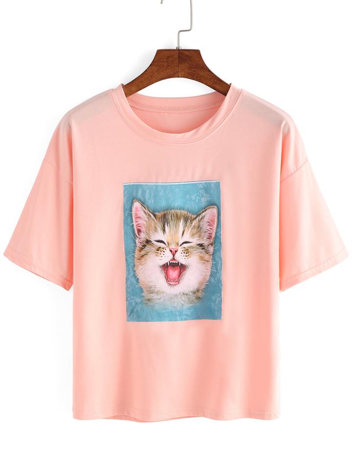 Shein Little Cat Print Pink T-shirt