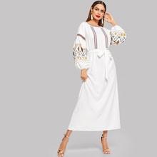 Shein Lantern Sleeve Embroidered Belted Dress