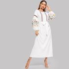Shein Lantern Sleeve Embroidered Belted Dress