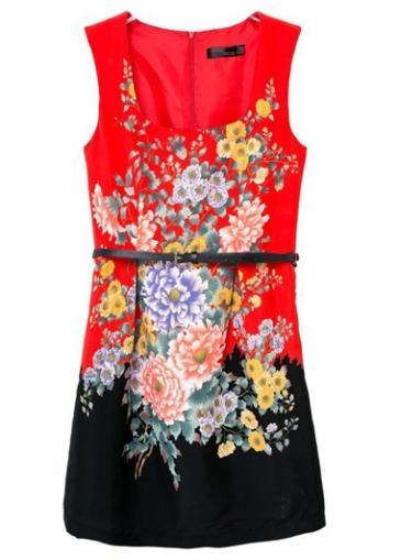 Rosewe Enchanting Flower Print Square Neck Mini Tank Dress