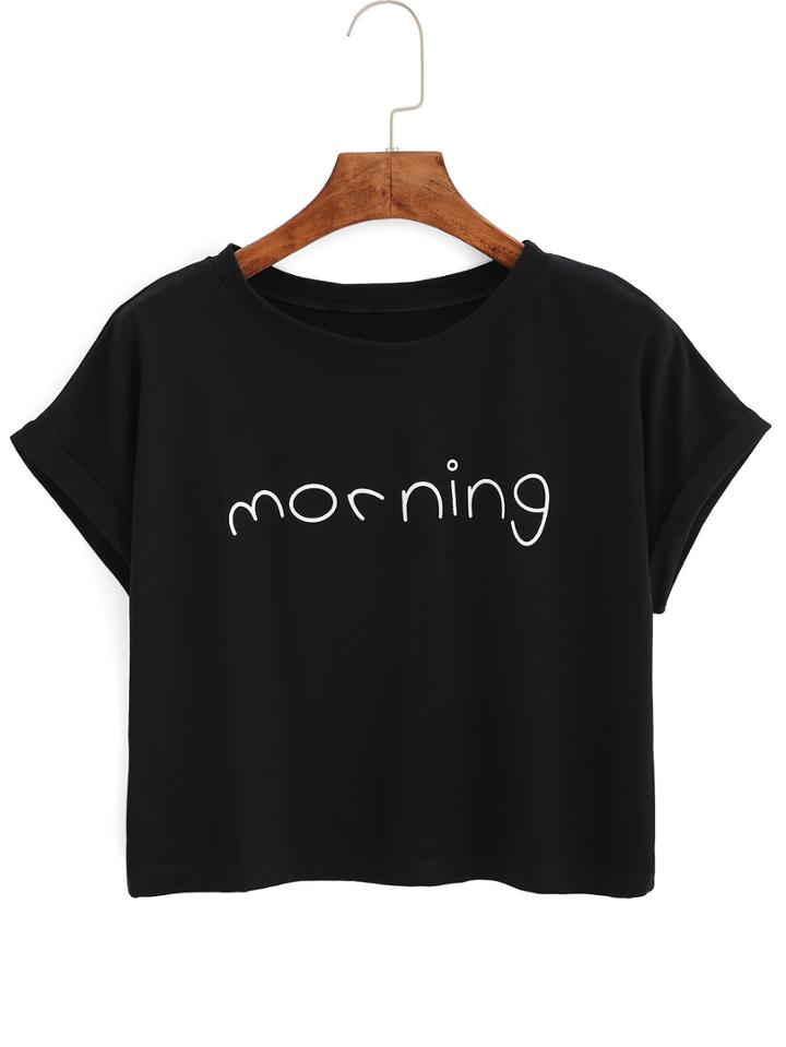 Shein Letters Print Cuffed Black T-shirt