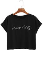 Shein Letters Print Cuffed Black T-shirt