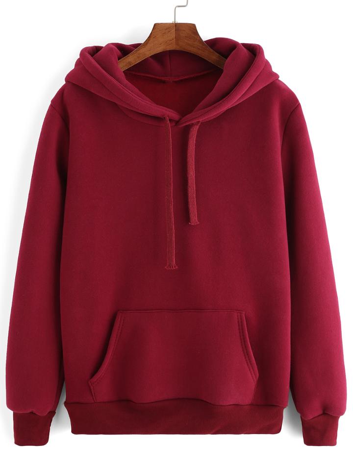 Shein Burgundy Hooded Long Sleeve Pockets Sweatshirt