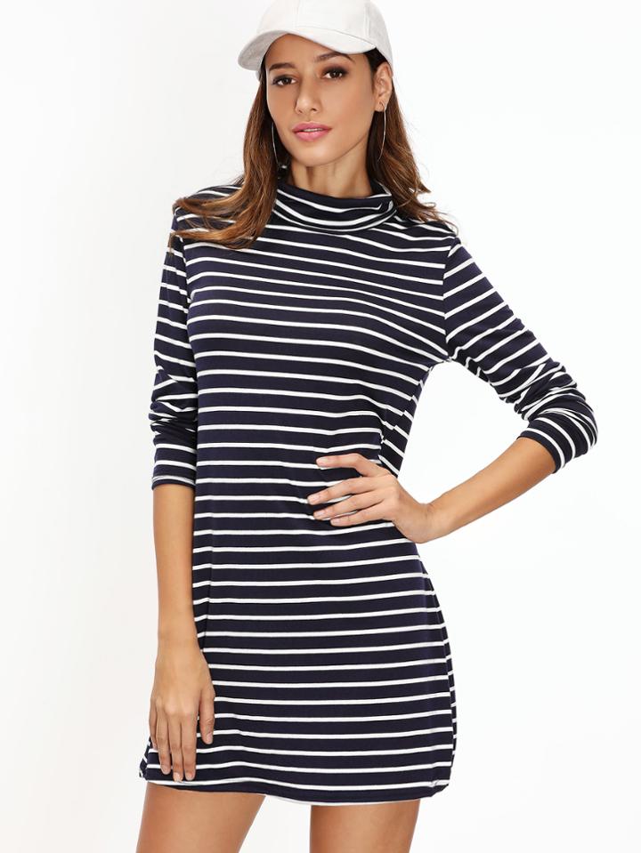 Shein Navy High Neck Striped Tee Dress