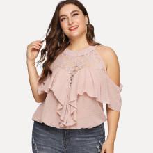 Shein Plus Lace Panel Ruffle Dot Blouse