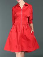 Shein Red Lapel Zipper Pockets A-line Dress