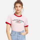 Shein Letter And Flower Print Ringer T-shirt