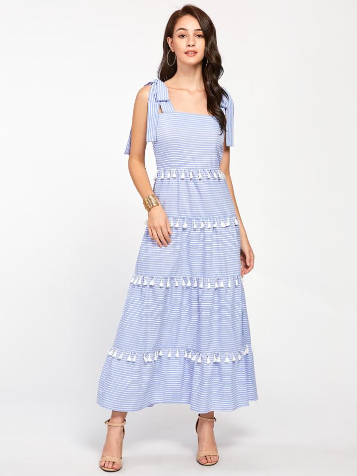 Shein Tie-strap Tiered Tassel Trim Striped Dress