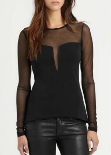 Rosewe Sexy Long Sleeve Mesh Splicing T Shirts Black