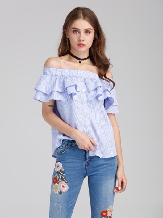 Shein Bardot Layered Frill Trim Pinstripe Button Front Top