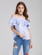 Shein Bardot Layered Frill Trim Pinstripe Button Front Top