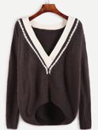 Shein Contrast Striped V Neck High Low Sweater