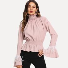 Shein Shirred Neck Faux Feather Cuff Top