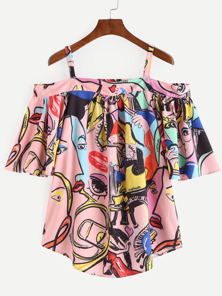 Shein Graffiti Print Cold Shoulder Bell Sleeve Top