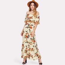 Shein Tassel Trim Flounce Layered Neckline Dress