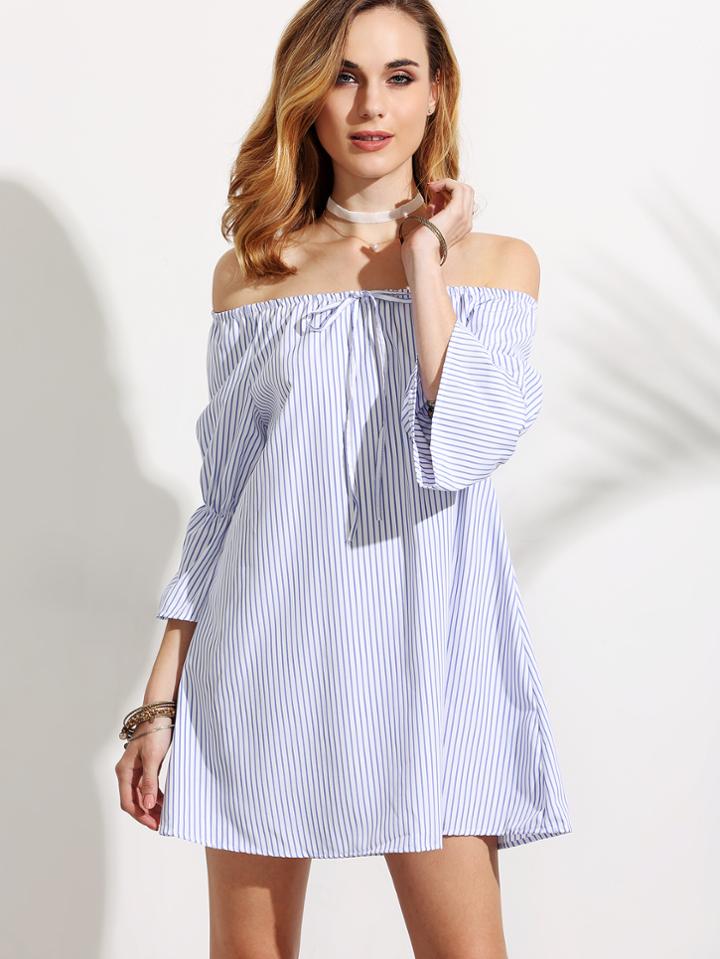 Shein Blue Vertical Striped Tied Off The Shoulder Dress