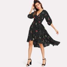 Shein Gathered Sleeve Surplice Wrap Floral & Polka Dot Dress