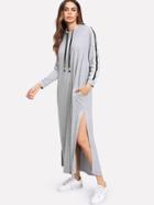 Shein Striped Sleeve Side Split Hooded Sweatshirt Dress