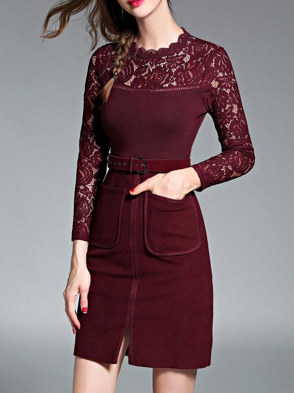 Shein Burgundy Contrast Lace Belted Sheath Dress