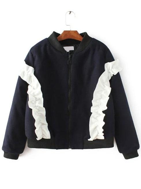 Shein Navy Contrast Frill Trim Stand Collar Quilted Coat