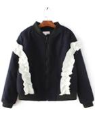 Shein Navy Contrast Frill Trim Stand Collar Quilted Coat