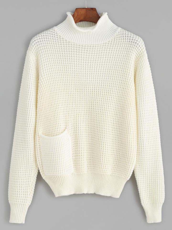Shein White Waffle Knit Sweater With Pocket