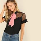 Shein Tie Neck Lace Applique Mesh Yoke Top