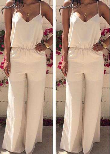 Rosewe Elastic Waist Spaghetti Strap White Boot Cut Jumpsuit