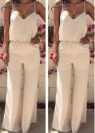 Rosewe Elastic Waist Spaghetti Strap White Boot Cut Jumpsuit