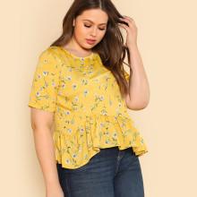 Shein Plus Tied V Back Ruffle Hem Calico Top