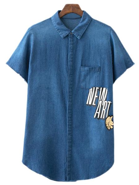 Shein Blue Short Sleeve Pocket Letter Print Denim Blouse