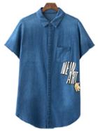 Shein Blue Short Sleeve Pocket Letter Print Denim Blouse