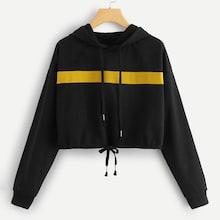 Shein Color Block Drawstring Detail Crop Hoodie