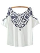 Shein White Short Sleeve Cold Shoulder Print T-shirt