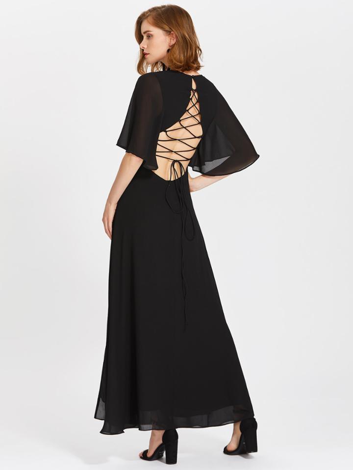 Shein Tie Up Open Back Flutter Sleeve Slit Dress