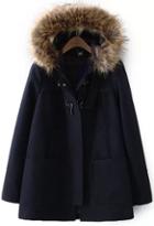 Shein Navy Faux Fur Hooded Pockets Woolen Coat