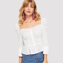 Shein Embroidered Button Up Puff Sleeve Top