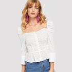 Shein Embroidered Button Up Puff Sleeve Top