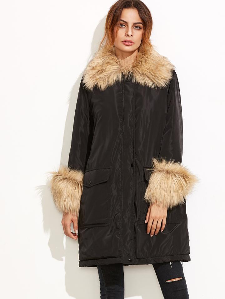 Shein Black Faux Fur Trim Parka Coat