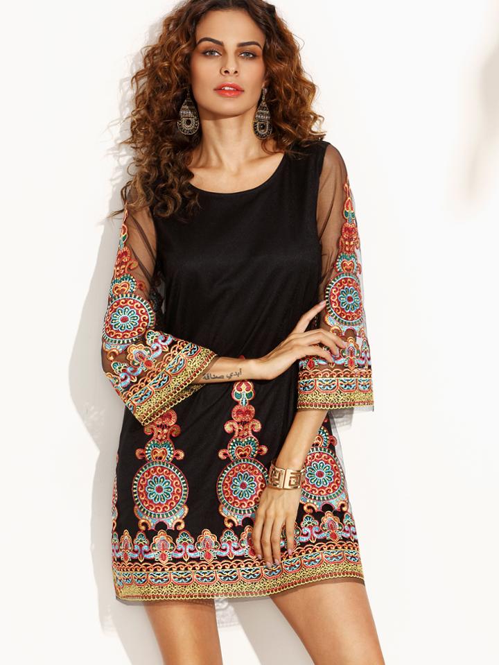 Shein Black Embroidered Tape Detail Three Quarter Sleeve Dress