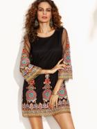 Shein Black Embroidered Tape Detail Three Quarter Sleeve Dress