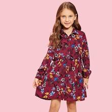 Shein Girls Botanical Print Button Up Shirt Dress