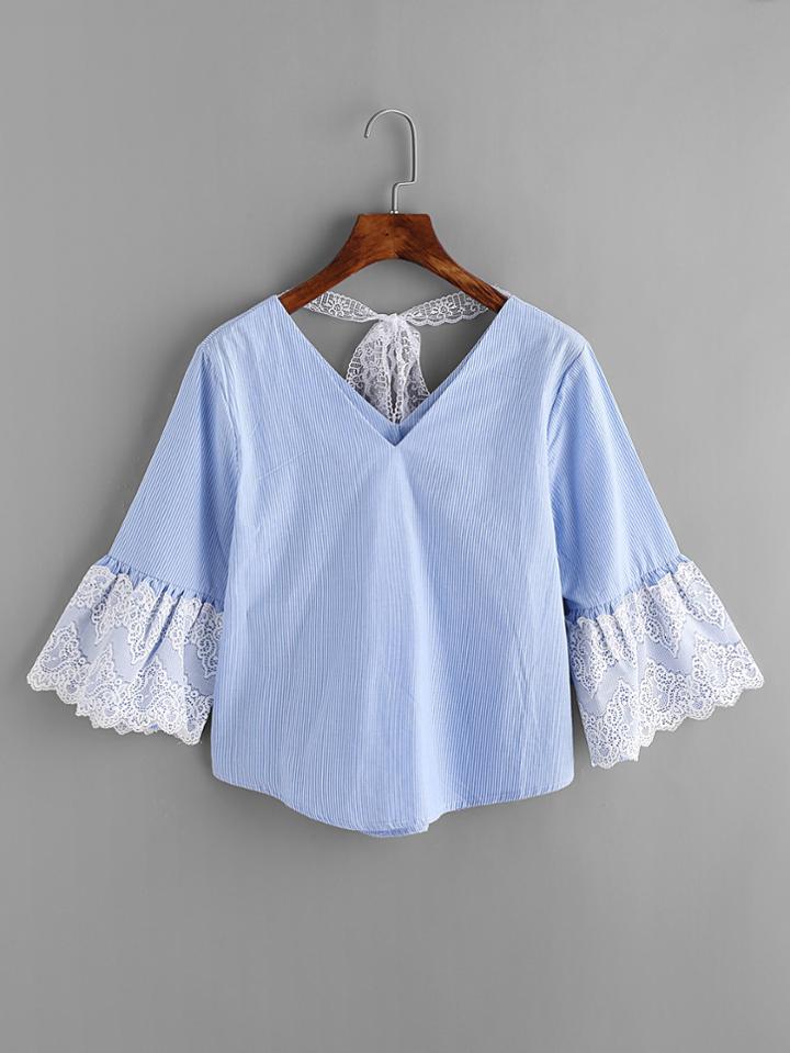 Shein Contrast Scallop Trim Lace Pinstriped Blouse