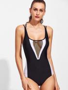 Shein Contrast Trim Mesh Insert Strappy Back Swimsuit