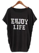 Shein Black Batwing Sleeve Letter Printed T-shirt