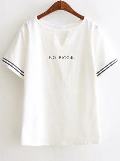 Shein White Letter Print Cut Out Tee With Fringe Cuff