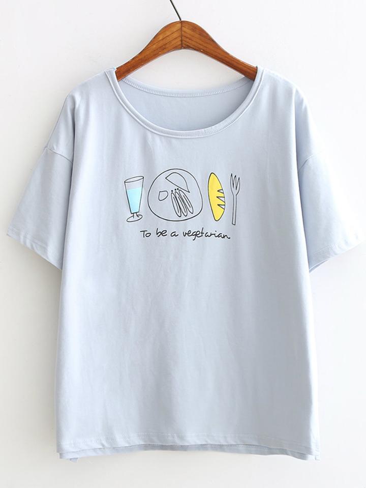 Shein Blue Print Short Sleeve Casual T-shirt